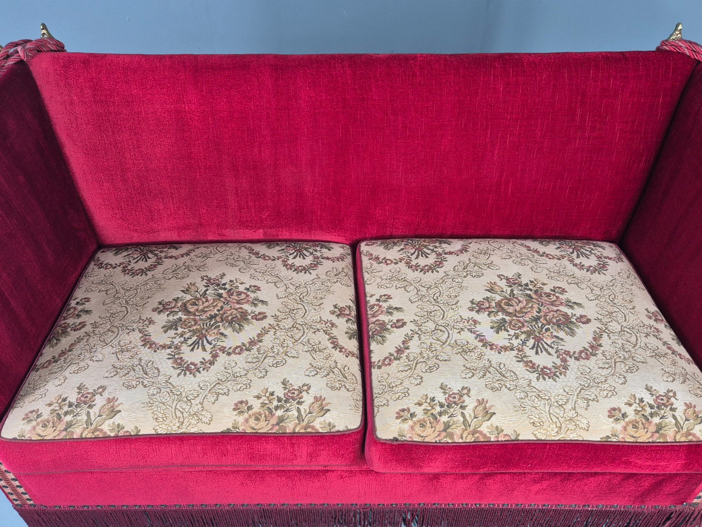 Vintage Danish 2 Seater Sofa Red Knole Style Drop Ends Tassels 1950s EB12760