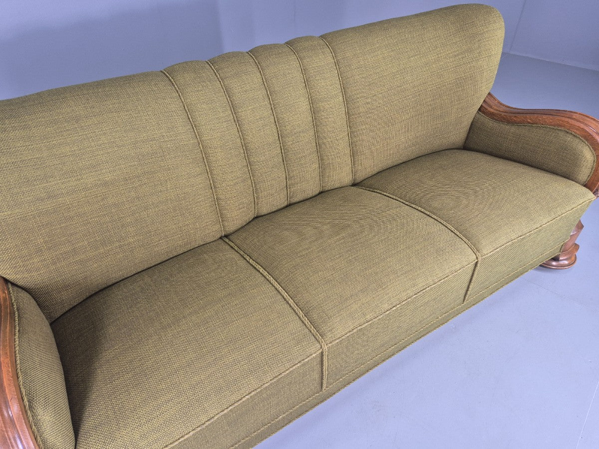 Vintage Danish 3 Seater Sofa Deco Stlyed 1940s Carved Oak Frame Retro EB12673