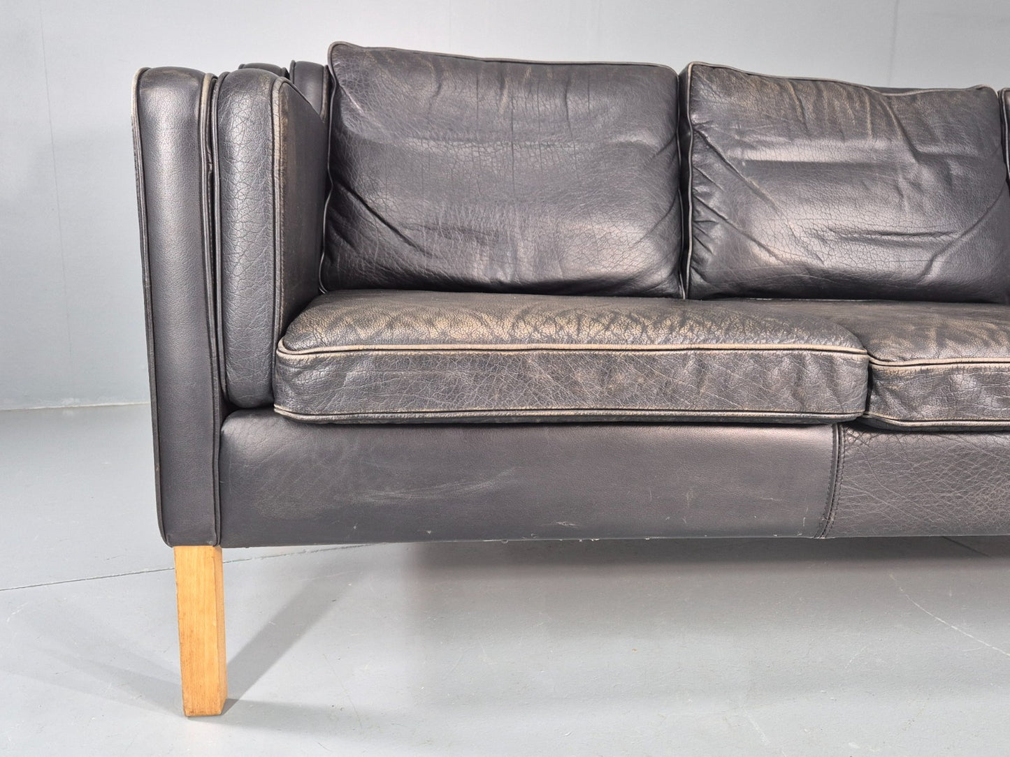 Danish Mid-Century 3-Seater Black Leather Sofa — Vintage Mogensen Style, Solid Wood Frame