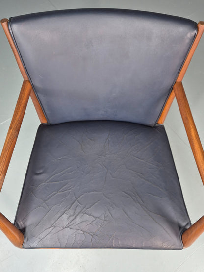 Vintage Mid Century Teak Armchair Blue Leather 1960s Retro EB11910
