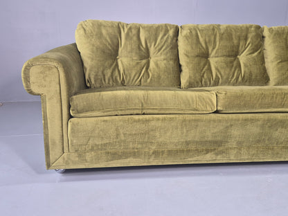 Vintage 3 Seater Sofa 1970s Danish Roll top back Green Velour MCM Retro EB12722