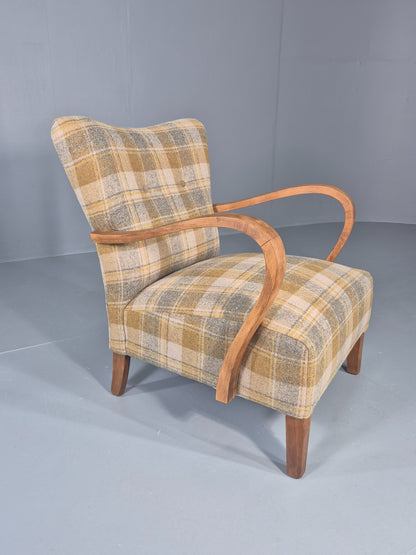 Vintage Danish Art Deco Open Armchair New Upholstery Snowshill Tartan EB12310