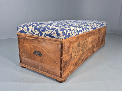 Antique Upholstered Ottoman Striped Pine and Cotton Print Window Seat EB11830
