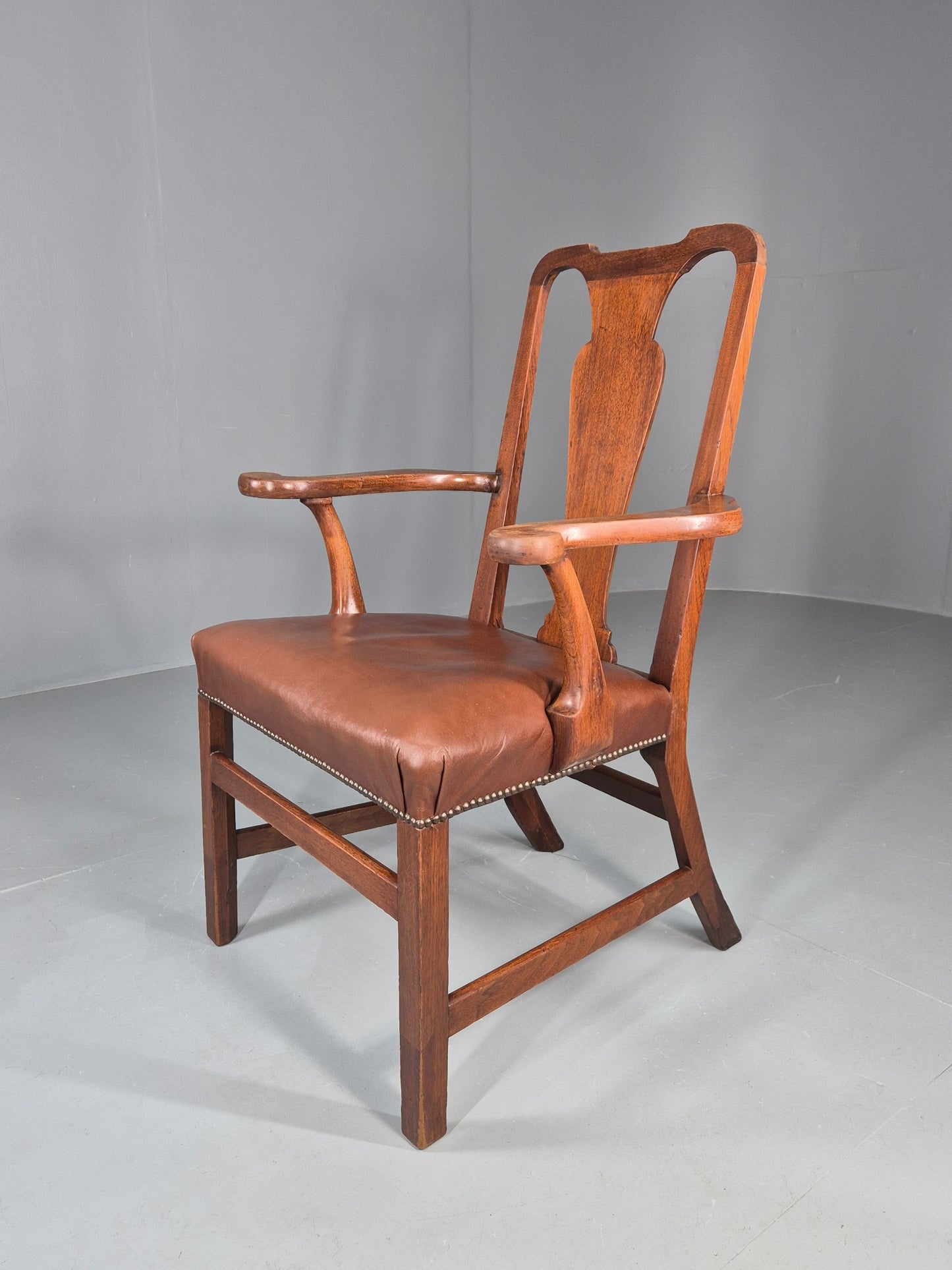 Antique Georgian Elbow Chair Mahogany Frame Leather Seat Splat Back EB11933