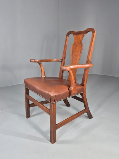 Antique Georgian Elbow Chair Mahogany Frame Leather Seat Splat Back EB11933