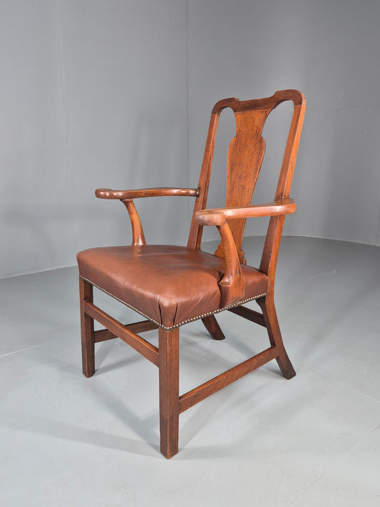 Antique Georgian Elbow Chair Mahogany Frame Leather Seat Splat Back EB11933