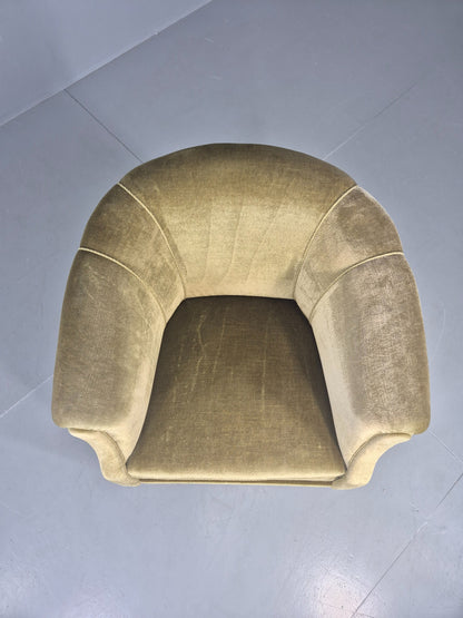 Vintage Danish Art Deco Tub Chair Green Velour Cabriole Legs 1940s EB12717