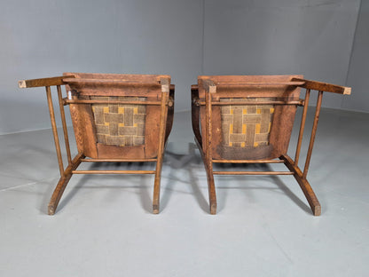 2 Antique Elbow Chairs Danish Oak Frame Red Leather 1900s EB07393