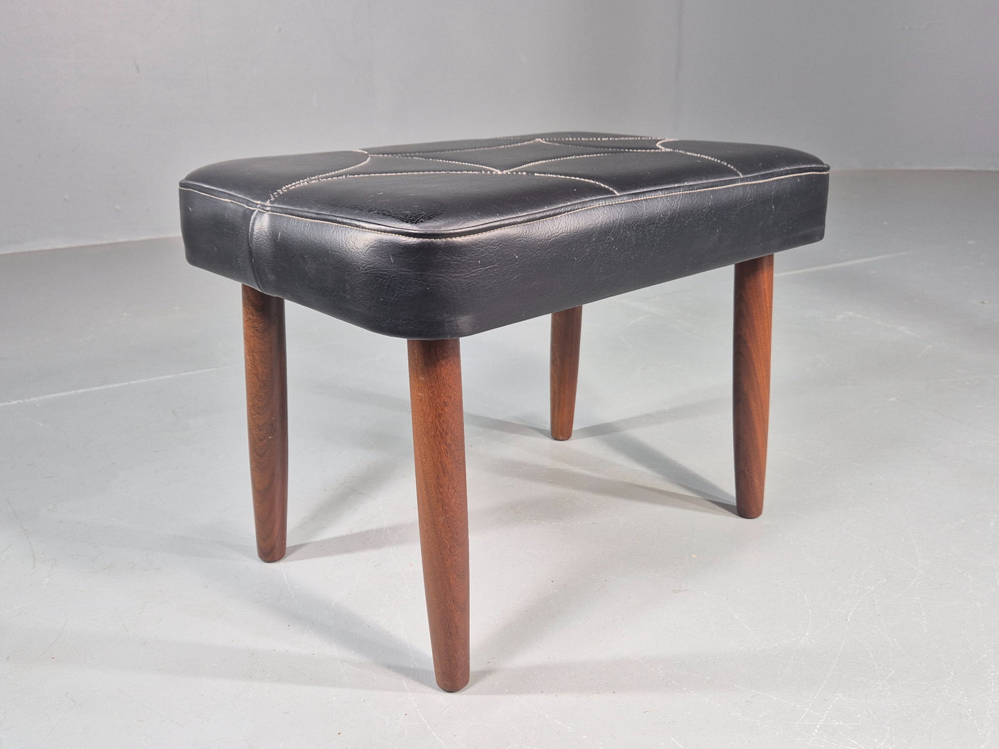 Vintage Mid Century Footstool Danish Black Vinyl Teak Legs Stitch Detail EB12031
