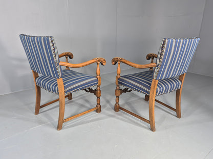 2 Vintage Danish Baroque Style Oak 1950s Elbow Chairs Blue Wool Stripe EB12647