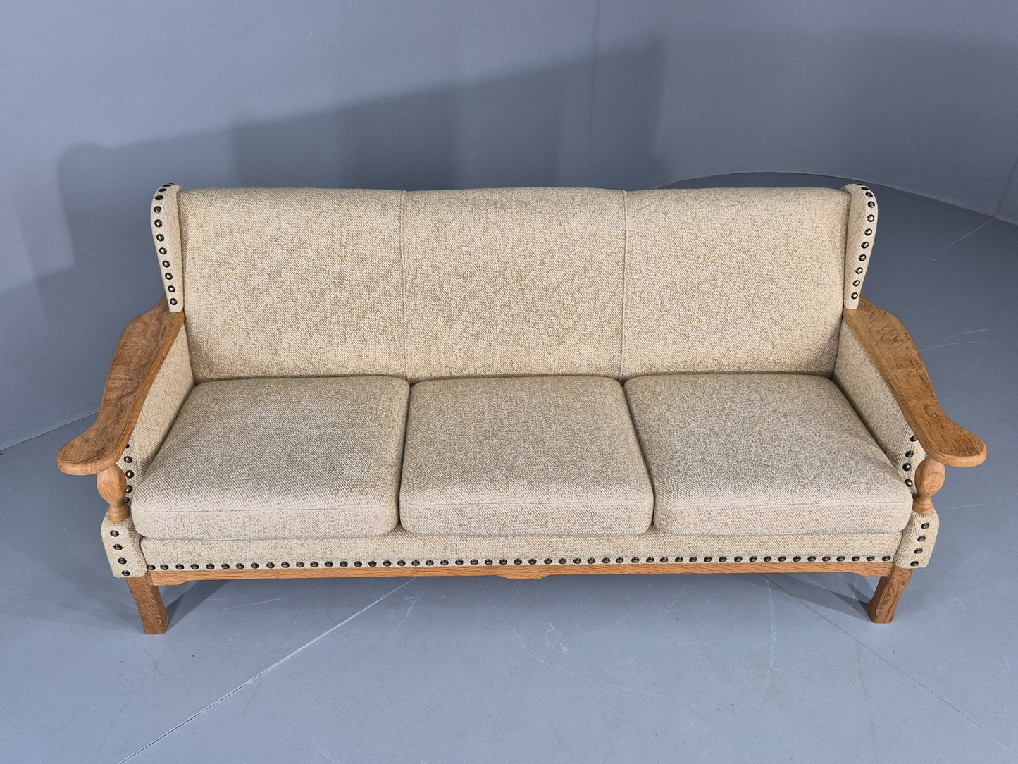 Vintage 3 Seat Sofa Danish 1970s Oak Frame Cream Wool Cloth Retro  EB12753