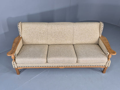 Vintage 3 Seat Sofa Danish 1970s Oak Frame Cream Wool Cloth Retro  EB12753
