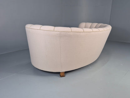 Vintage Danish Banana Sofa Art Deco 3 Seater Cream Cotton Upholstery EB12396