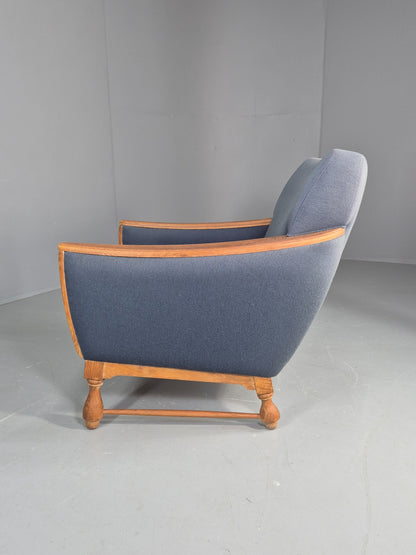 Vintage Danish Lounge Chair Oak Frame Blue Wool 1970s  Retro MCM EB12764