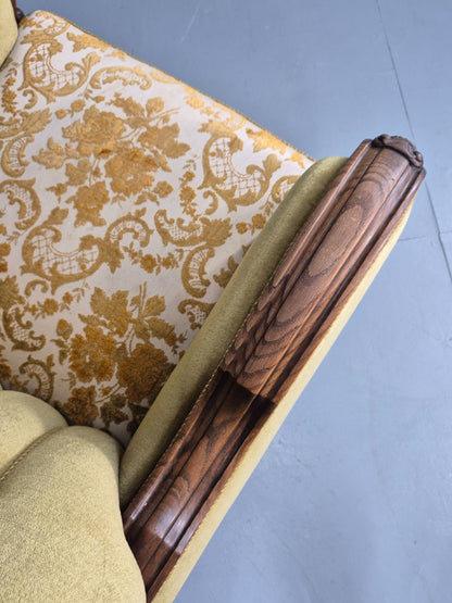 Vintage Danish Art Deco Lounge Chair Carved Oak Frame 1940s Green Floral EB12837