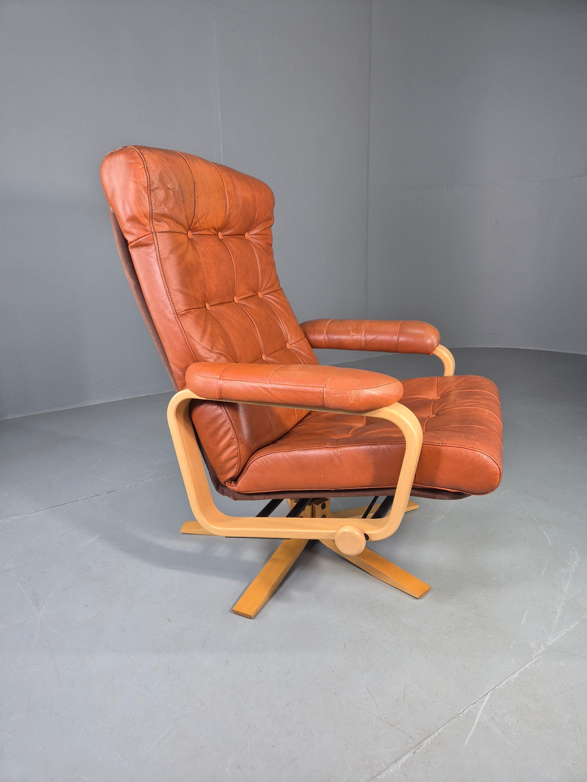 Vintage Danish Lounge Chair Tan Leather swivel and Recline 1970s Retro EB13092