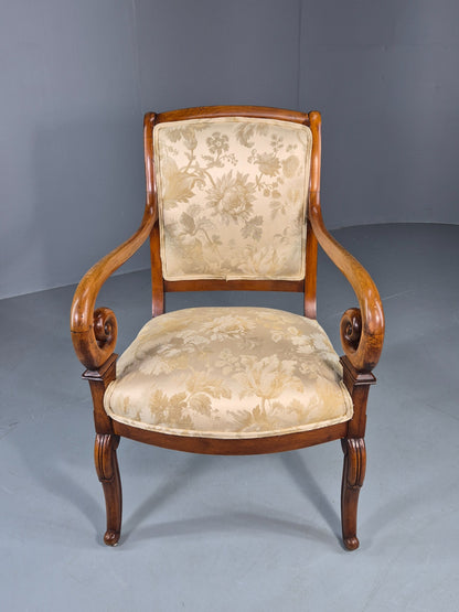 Antique Mahogany Arm Chair Louis Phillipe Style Floral Damask EB12857