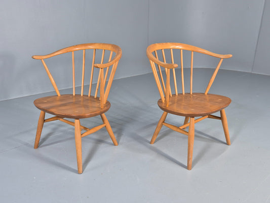 2 Ercol Cowhorn Elbow Chairs Blonde Wood 1960s Short Legged Retro MCM EB12459
