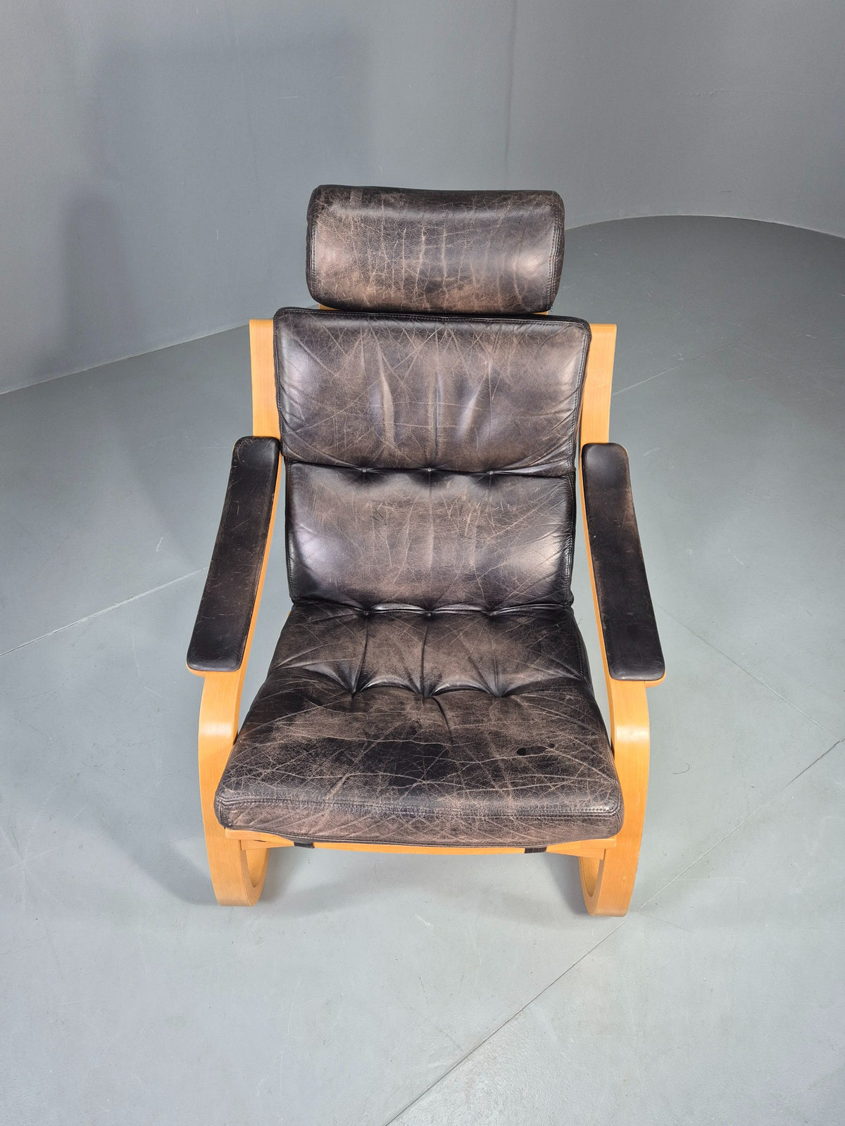 Vintage 1970s Danish Lounge Chair Black Leather and Bentwood MCM Retro EB13082