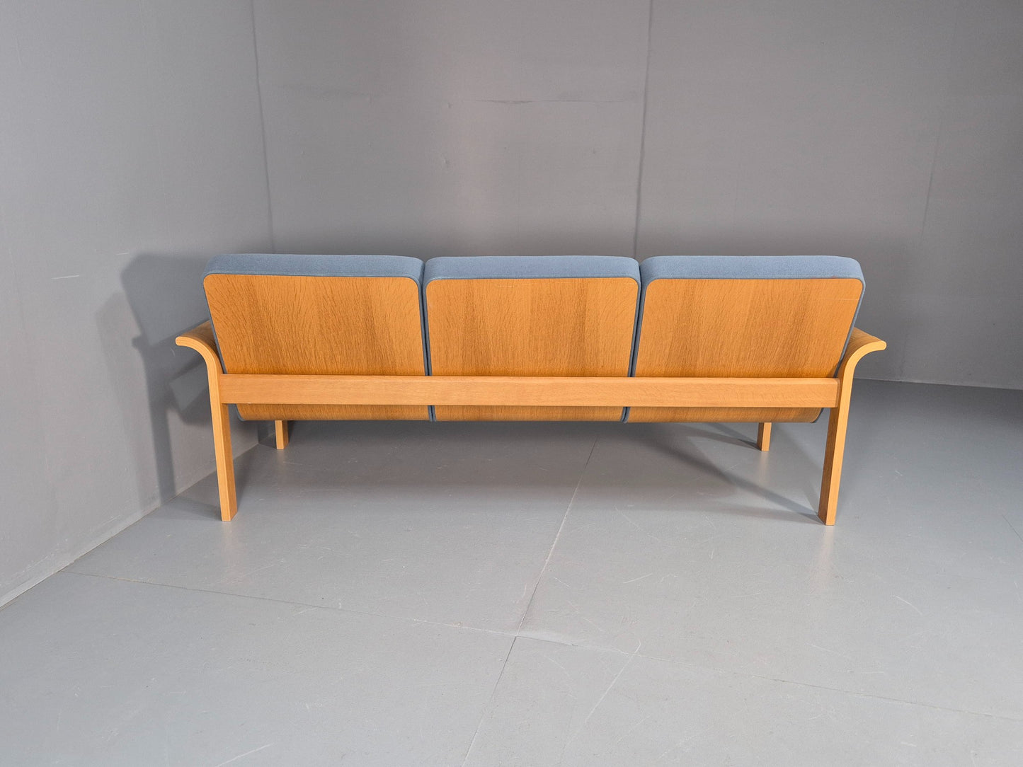 Vintage Danish Magnus Olesen Sofa Oak and Blue Wool 1970s EB9377 M3SS
