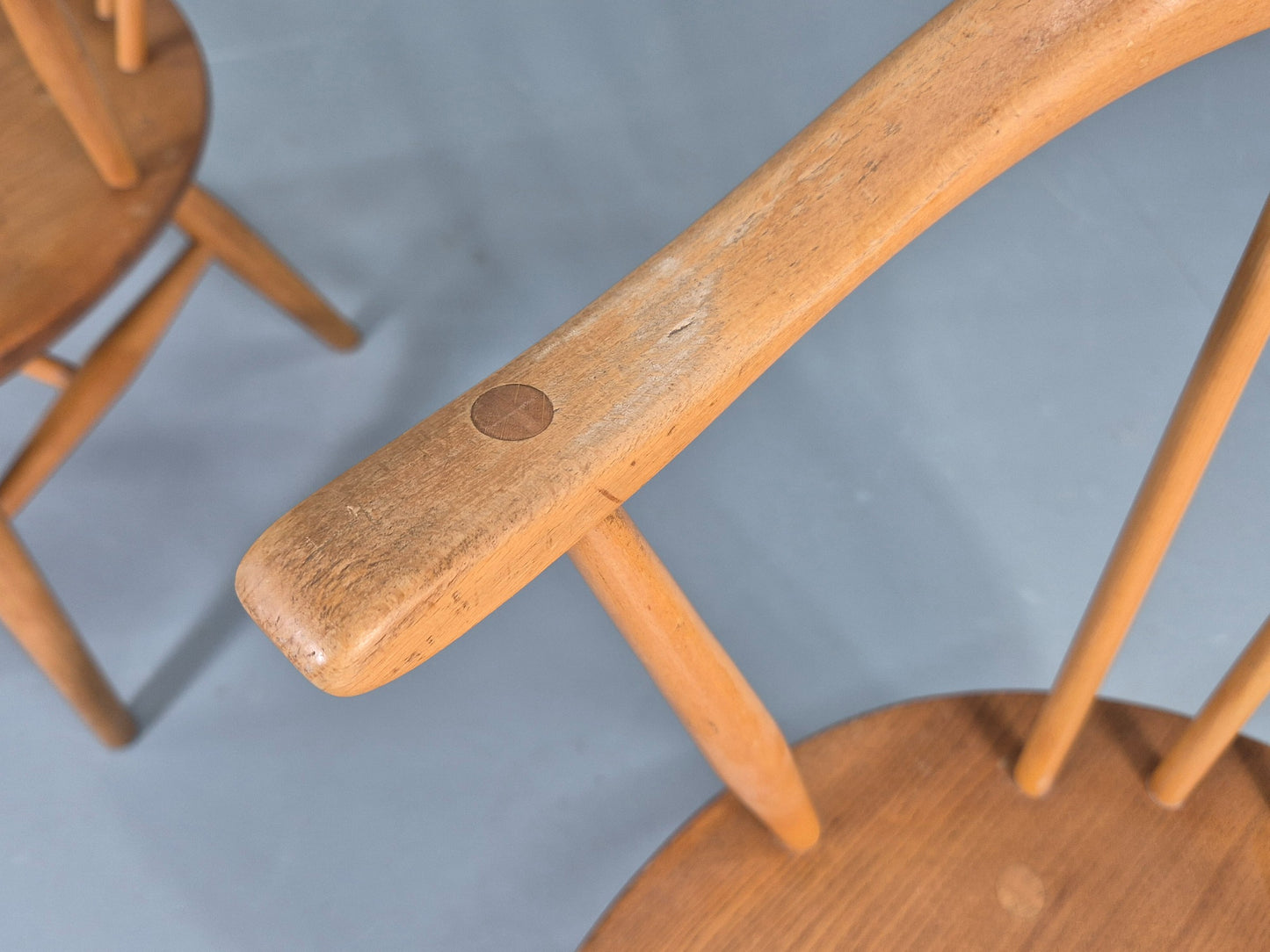 2 Ercol Cowhorn Elbow Chairs Blonde Wood 1960s Short Legged Retro MCM EB12459