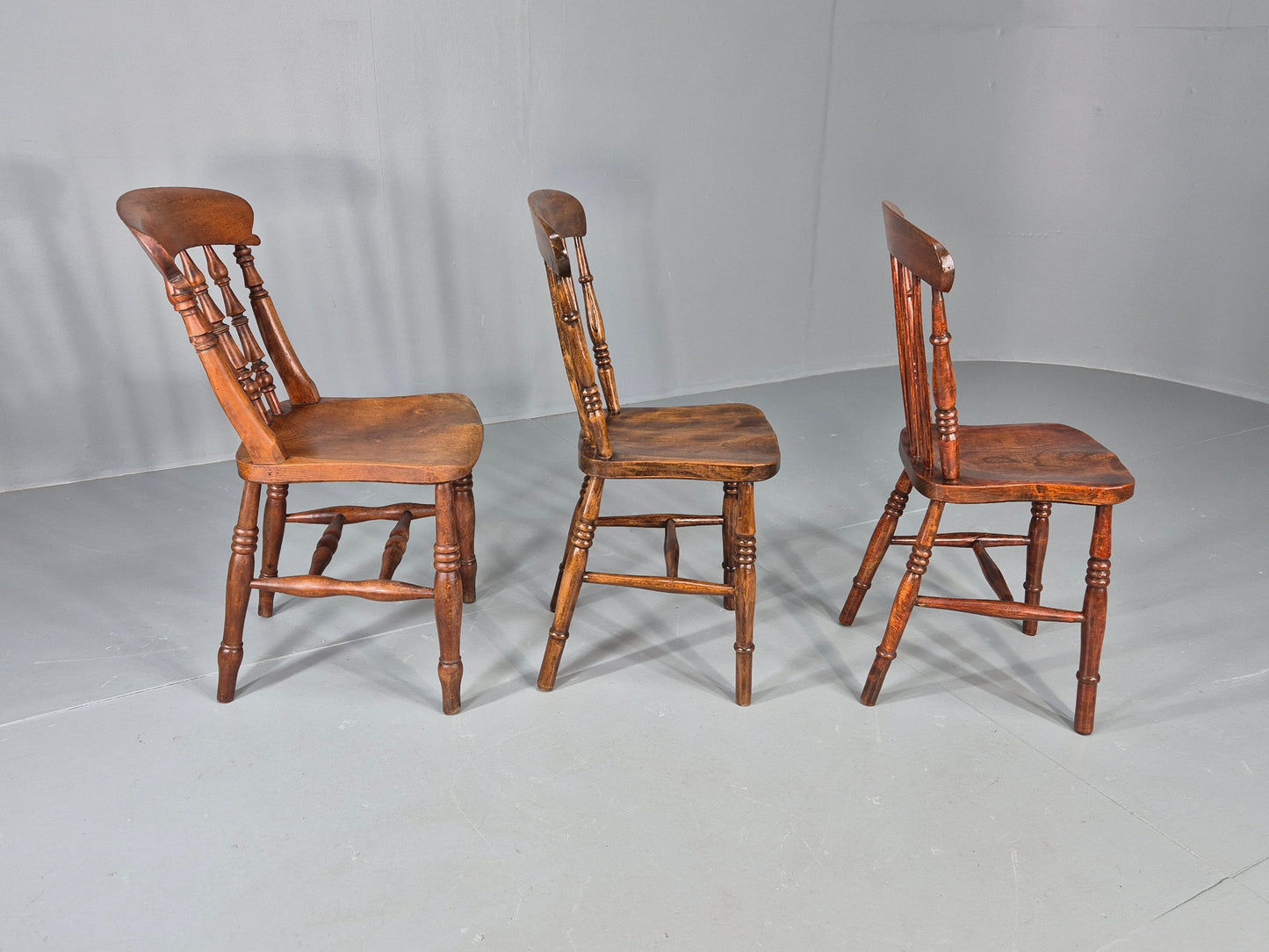3 Antique Windsor Chairs Elm and Beech Spindle backs Victorian  EB12486