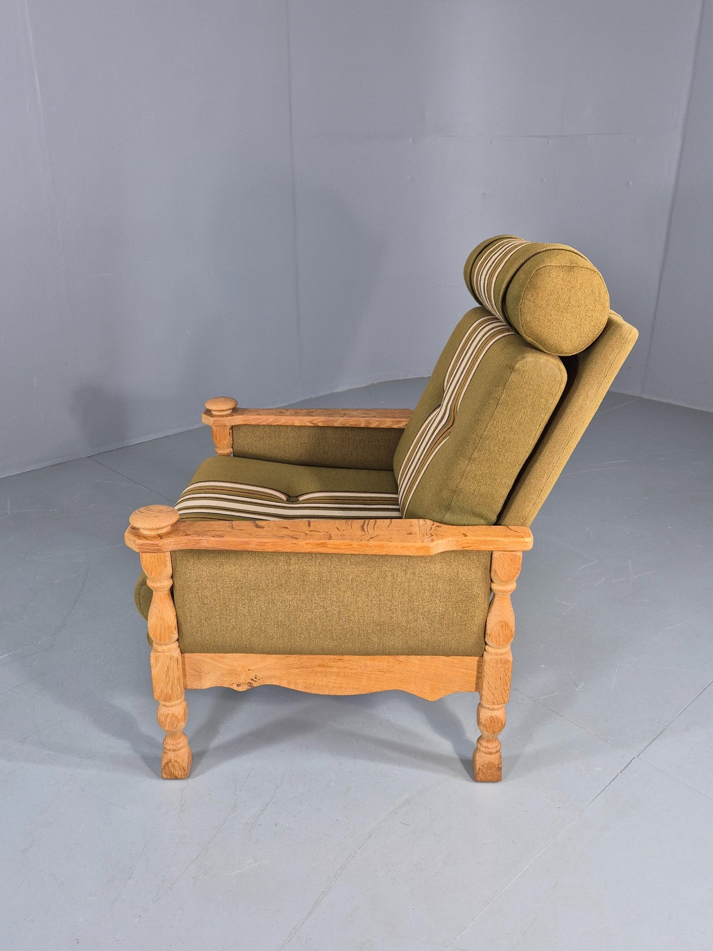 Vintage High Back Kjearnulf Arm Chair Oak Frame Green Stripe 1970s Retro EB12736