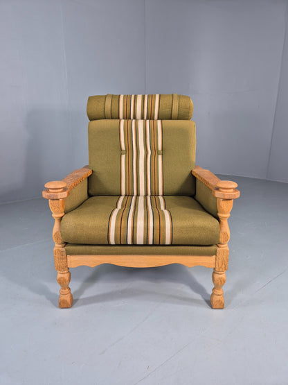 Vintage High Back Kjearnulf Arm Chair Oak Frame Green Stripe 1970s Retro EB12736