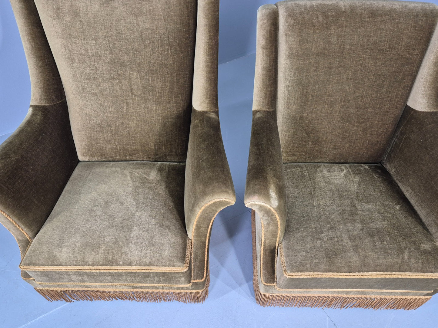 2 Midcentury Danish Lounge Chairs Green Velour Velvet Tassels 1960s EB12646
