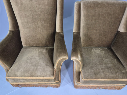 2 Midcentury Danish Lounge Chairs Green Velour Velvet Tassels 1960s EB12646