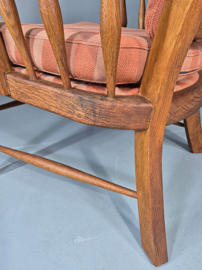 Vintage Danish Oak Lounge Chair 1950s Cottage Style Pink Striped Cotton EB12708
