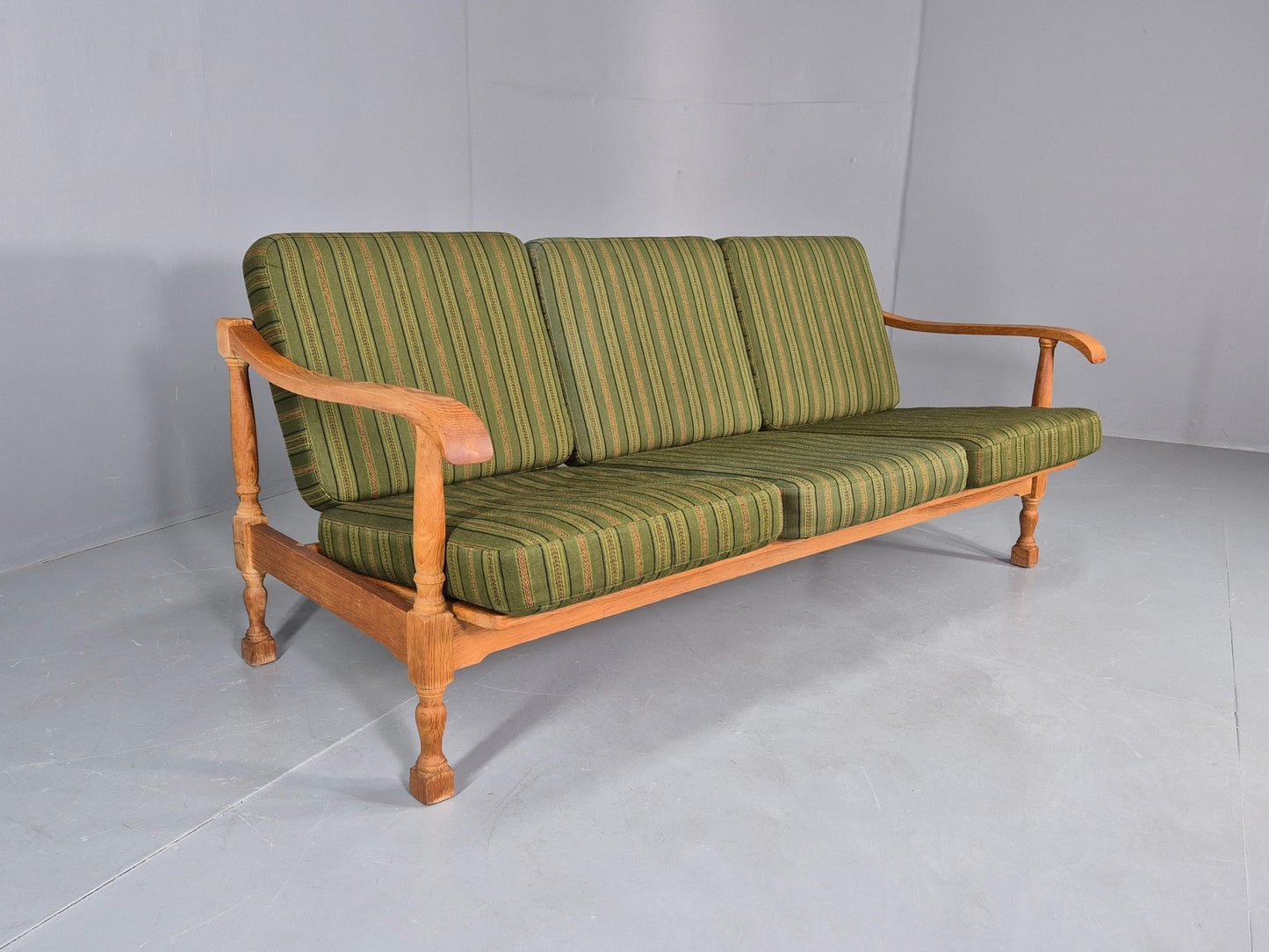 Vintage Danish 3 seater Sofa Oak Kjaenulf Green Cushions 1970s Retro  EB12775