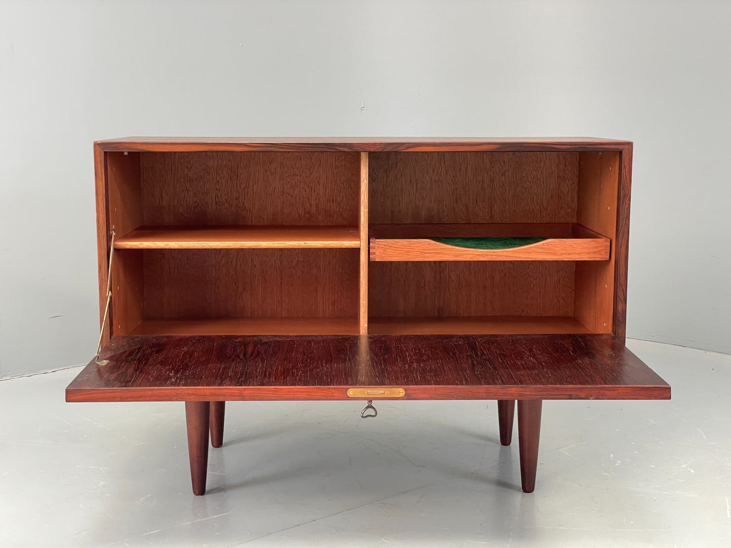 Vintage 1960s Danish Cabinet Mid Century Darkwood Drop Door Shelving EB12355