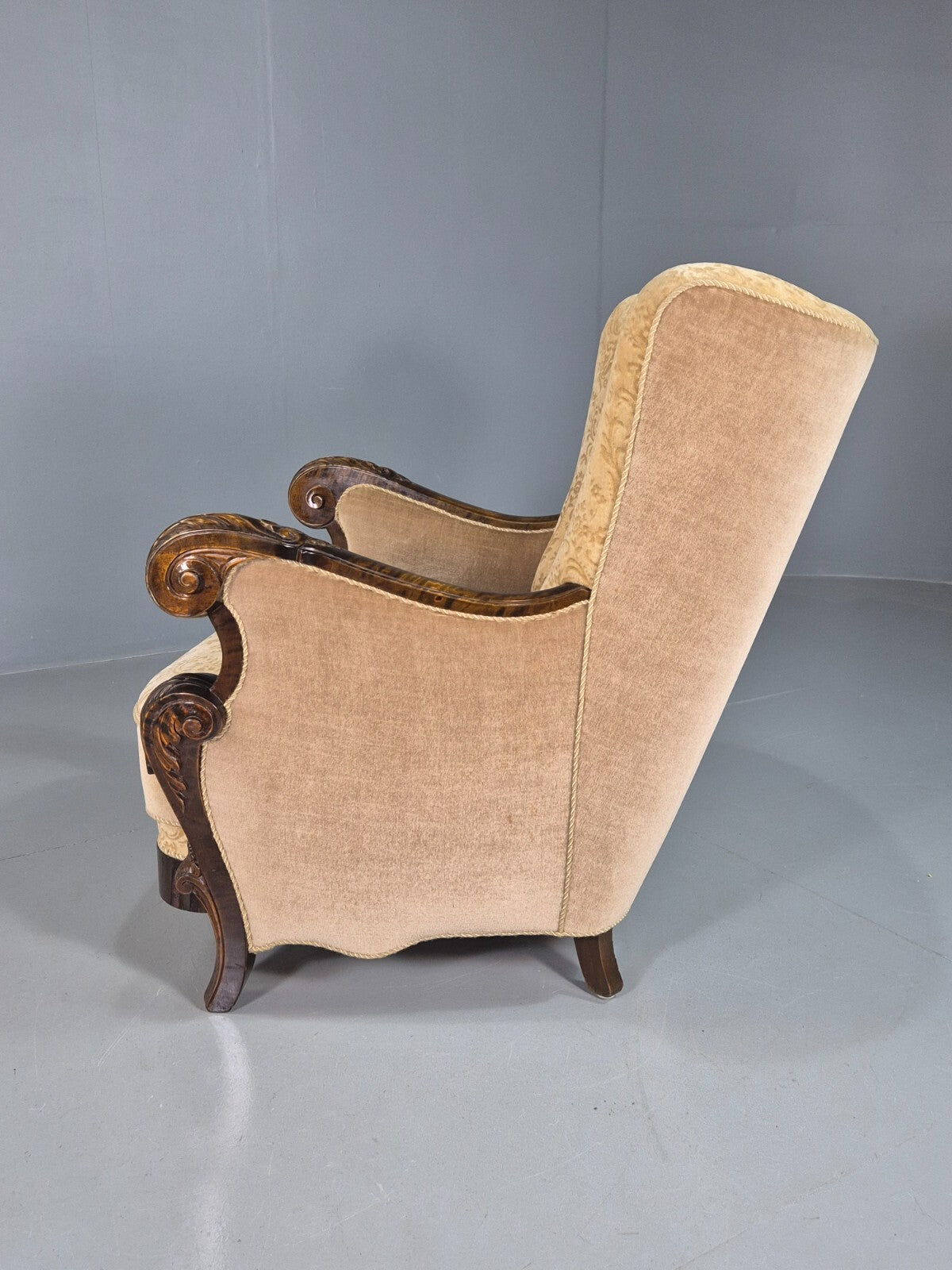 Vintage Danish Lounge Chair Beige Gold Upholstery Carved Frame 1930s EB7779 VCAR