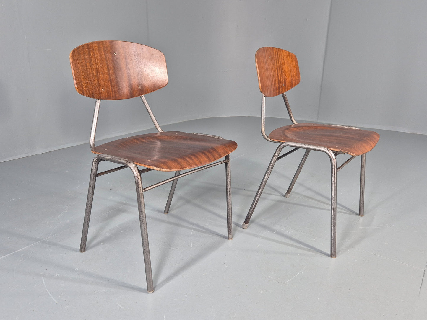 2 Vintage Danish Stacking Industrial Chairs Teak Ply and Steel 1960s  EB12401