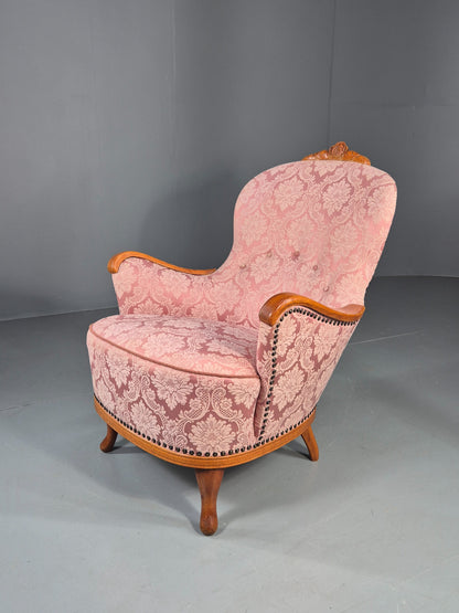 Vintage Danish Rococo Style Arm Chair Pink Floral Damask 20th Century EB12704
