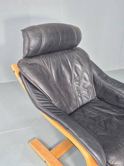 Vintage 1970s Leather Lounge Chair Bentwood Frame Danish Retro MCM EB08277