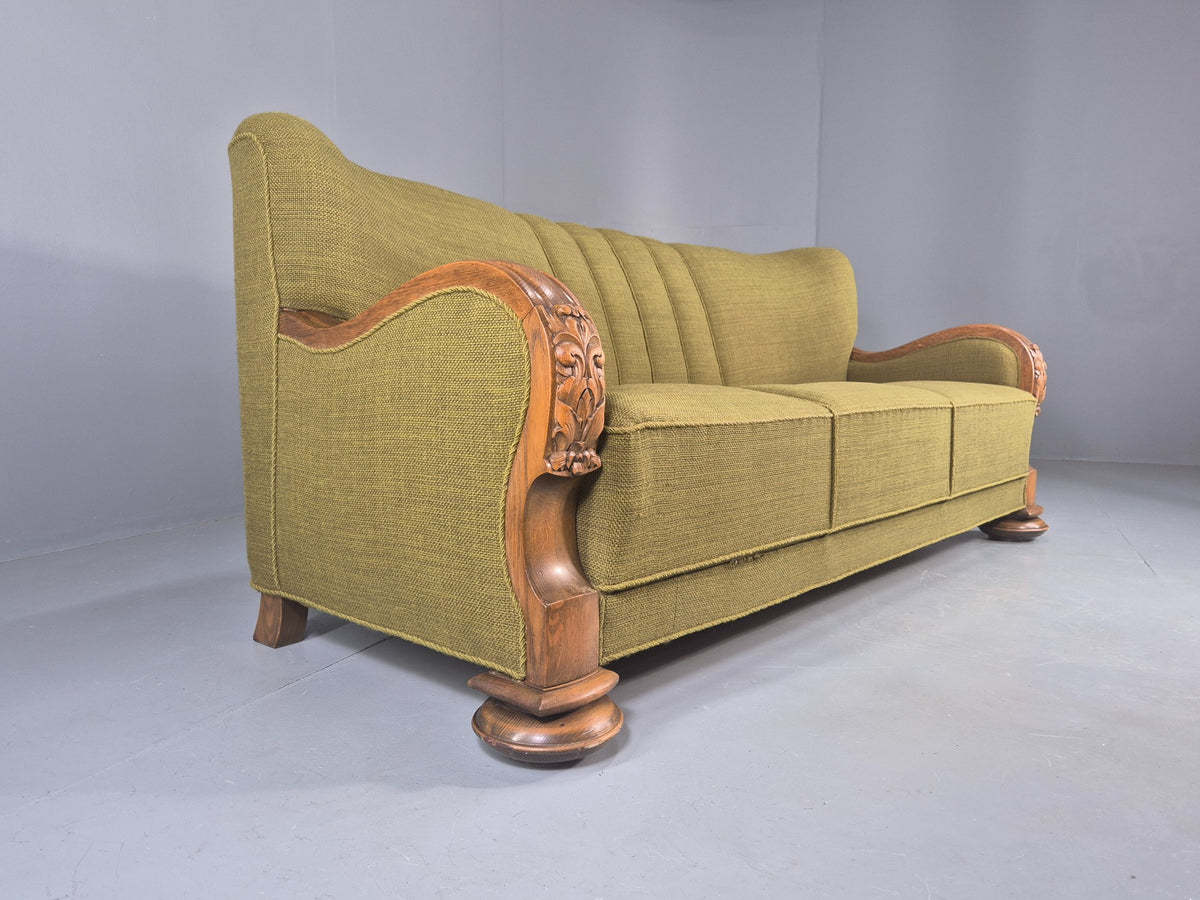 Vintage Danish 3 Seater Sofa Deco Stlyed 1940s Carved Oak Frame Retro EB12673