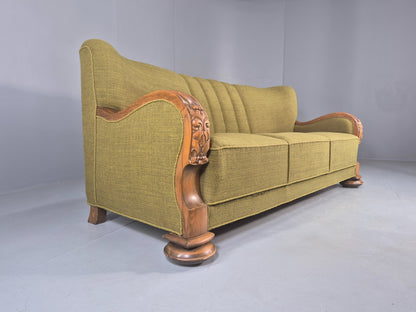 Vintage Danish 3 Seater Sofa Deco Stlyed 1940s Carved Oak Frame Retro EB12673