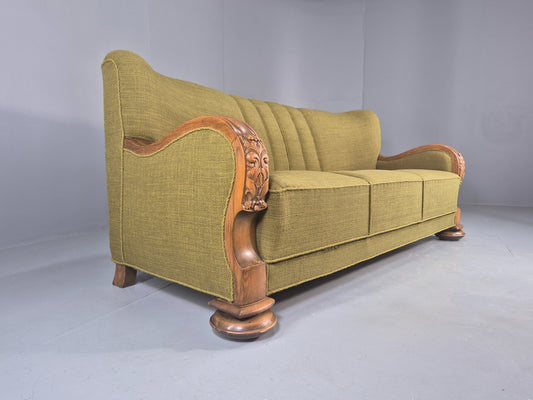 Vintage Danish 3 Seater Sofa Deco Stlyed 1940s Carved Oak Frame Retro EB12673