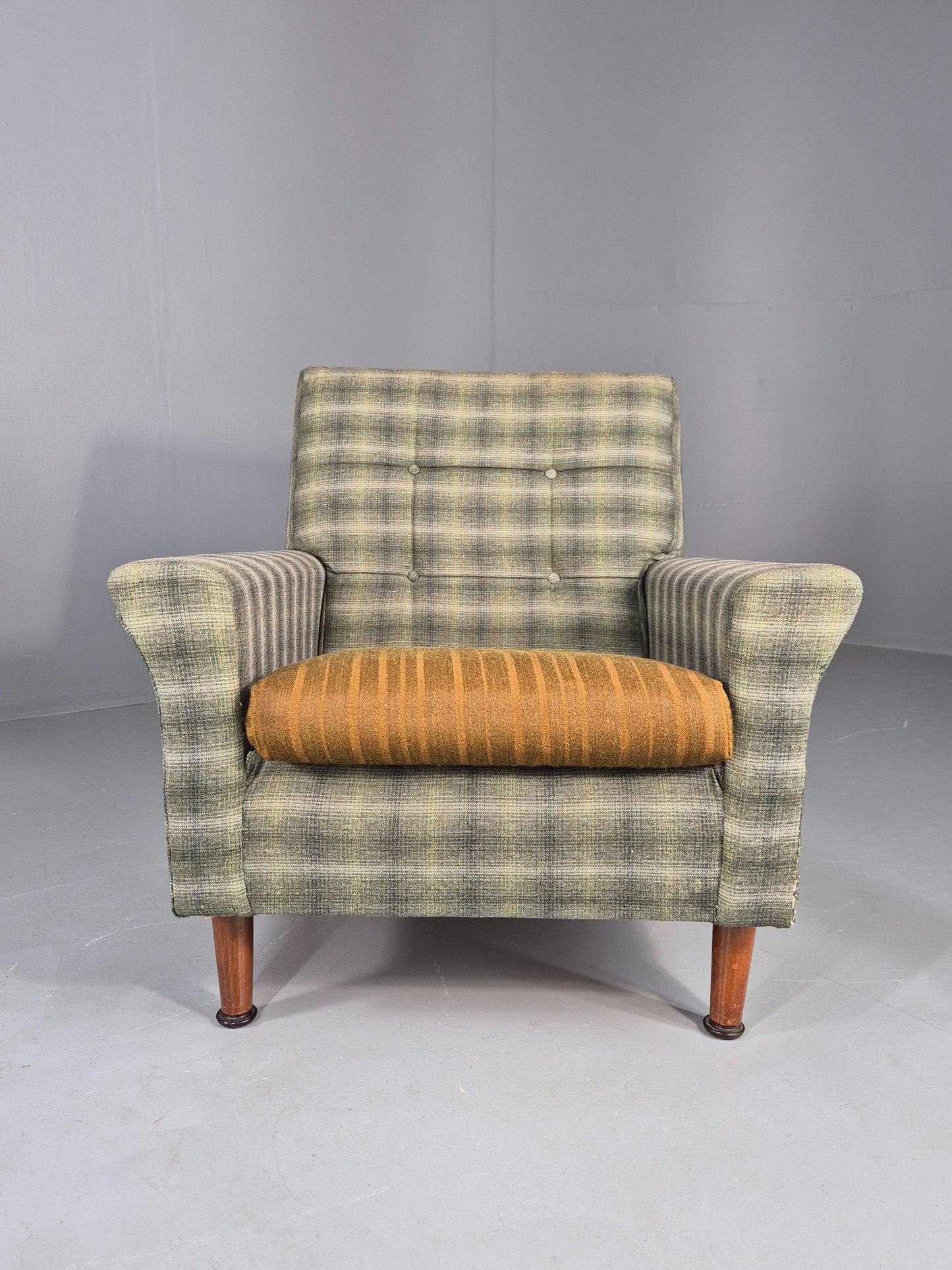 Vintage 1960s Retro Lounge Chair Green and Gold Upholstery EB11829