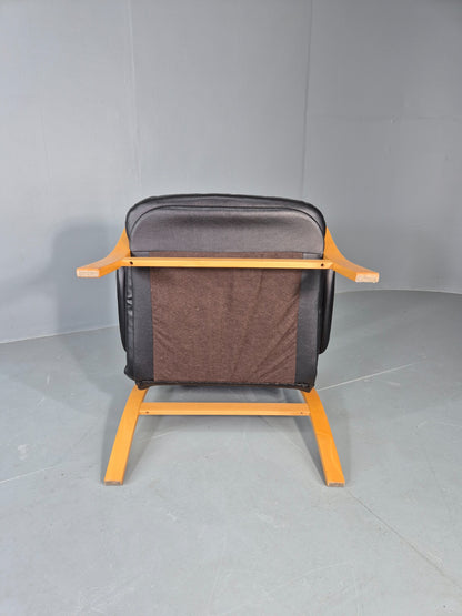 Vintage Danish Faux Leather Lounge Chair Bent Wood Frame 1980s Retro EB13074