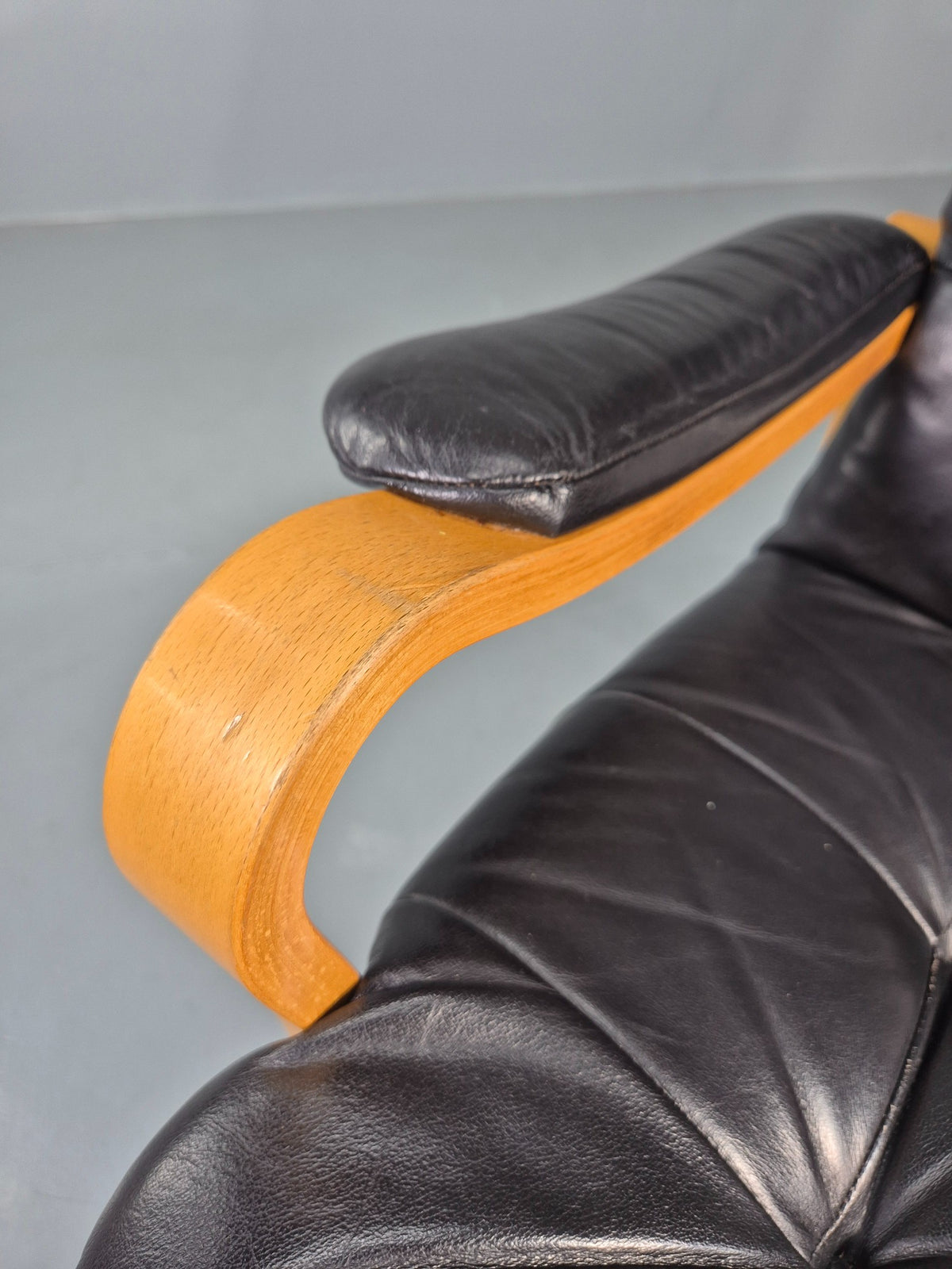 Vintage Danish Faux Leather Lounge Chair Bent Wood Frame 1980s Retro EB13074