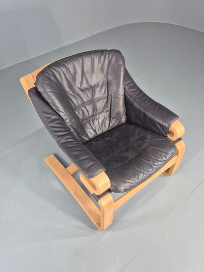 Vintage 1970s Lounge Chair Krokken By Fribytter Leather Bentwood Retro EB11999