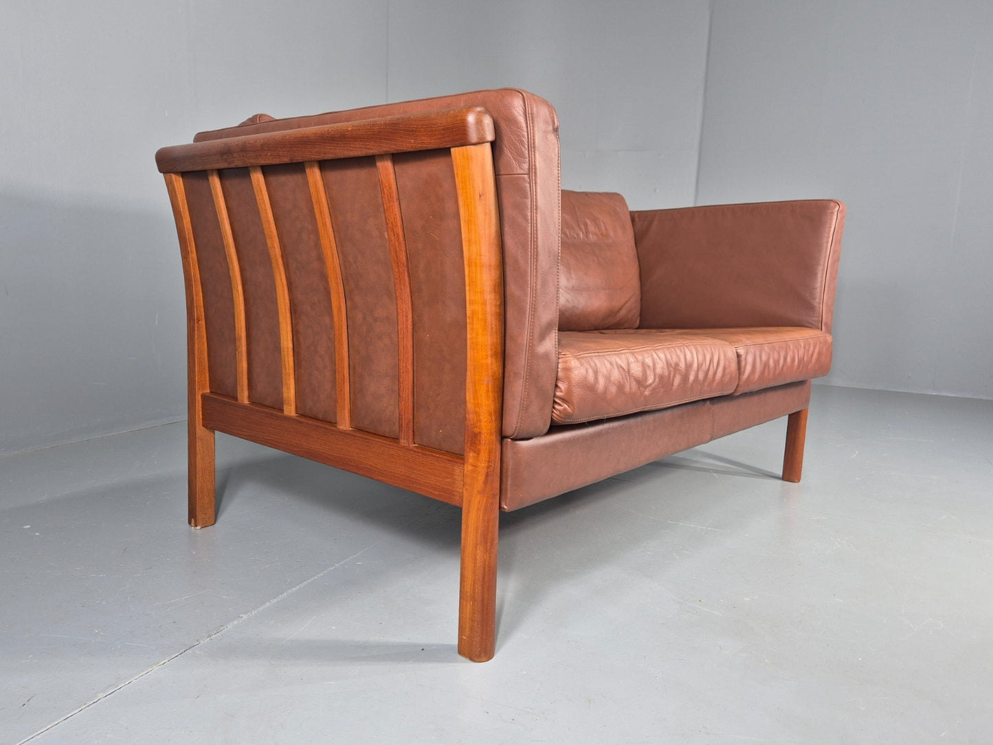 Vintage 2 Seater Sofa Danish Brown Leather Wood Ends Retro 1980s EB8349 M2SS