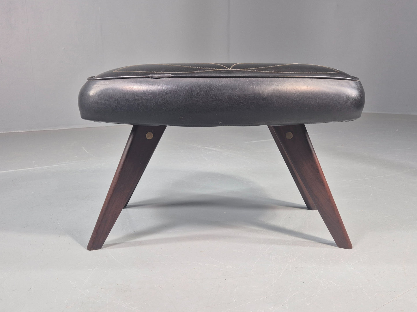 Vintage Danish Mid Century Footstool Black Vinyl Teak Legs 1960s Retro EB12048