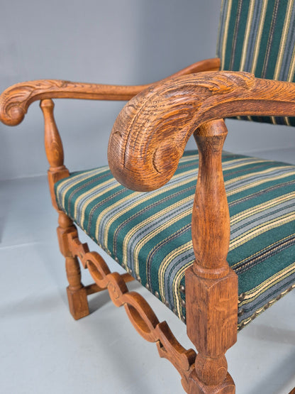 Baroque Style Throne Armchair Oak Frame Wool Stripe Upholstery EB08988