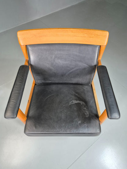 Vintage Mid Century Elbow Desk Chair Swedish 1960s Black Leather Retro EB07001
