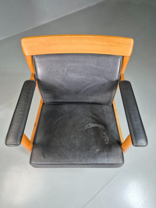 Vintage Mid Century Elbow Desk Chair Swedish 1960s Black Leather Retro EB07001