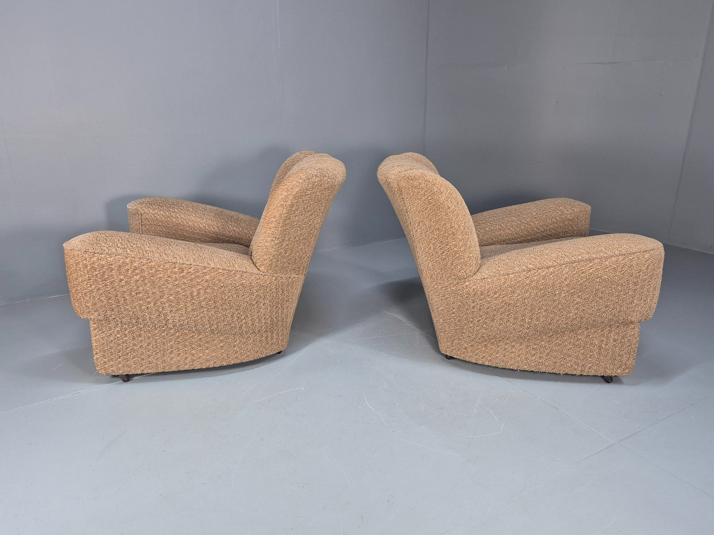 2 Vintage Art Deco Armchairs Beige Chenille Upholstery 1940s EB09684